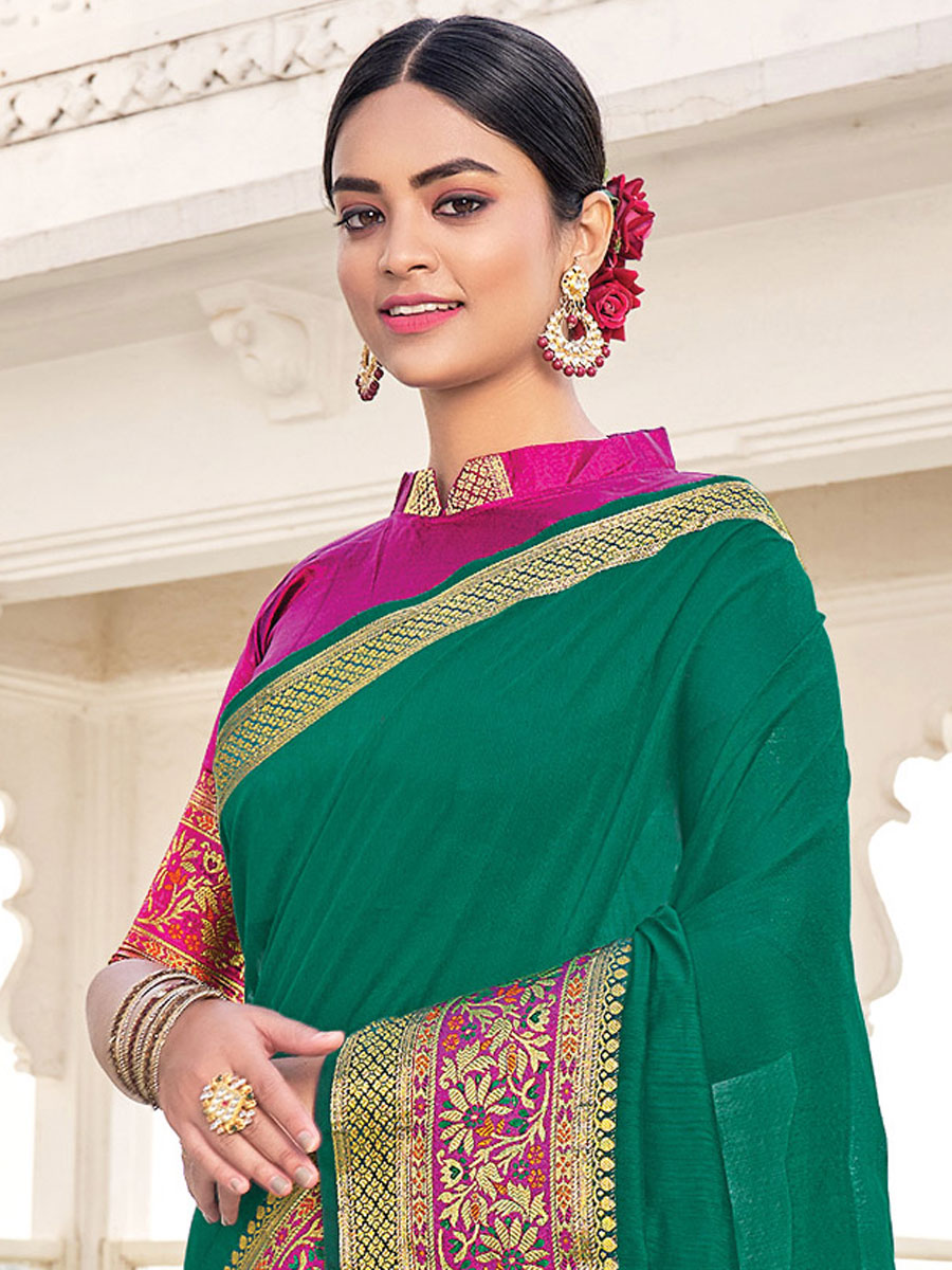 Pine Green Silk Handwoven Festival Saree