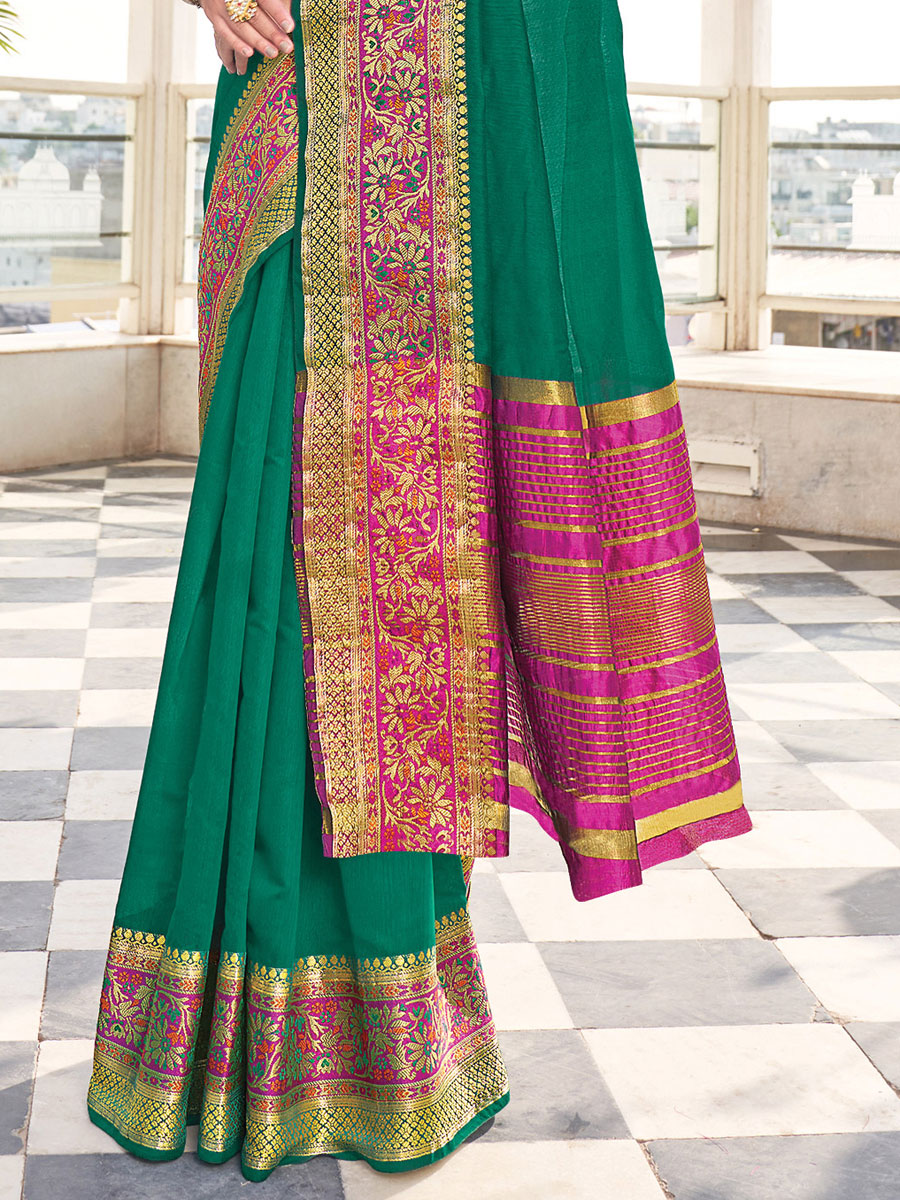 Pine Green Silk Handwoven Festival Saree