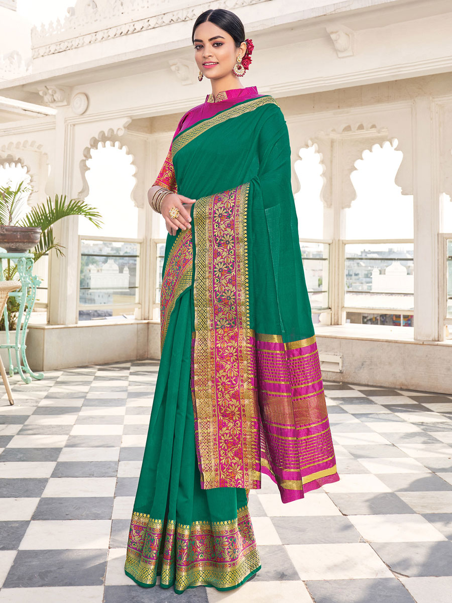Pine Green Silk Handwoven Festival Saree