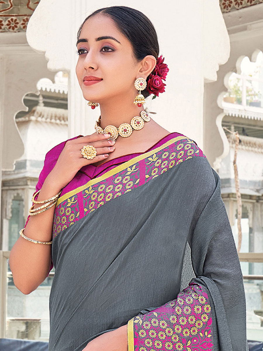 Slate Gray Silk Handwoven Festival Saree