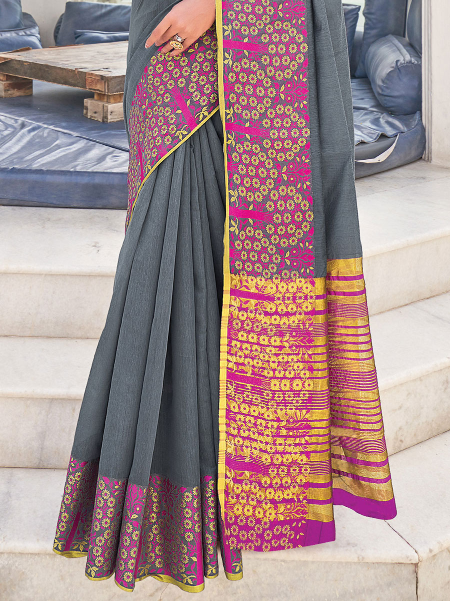 Slate Gray Silk Handwoven Festival Saree
