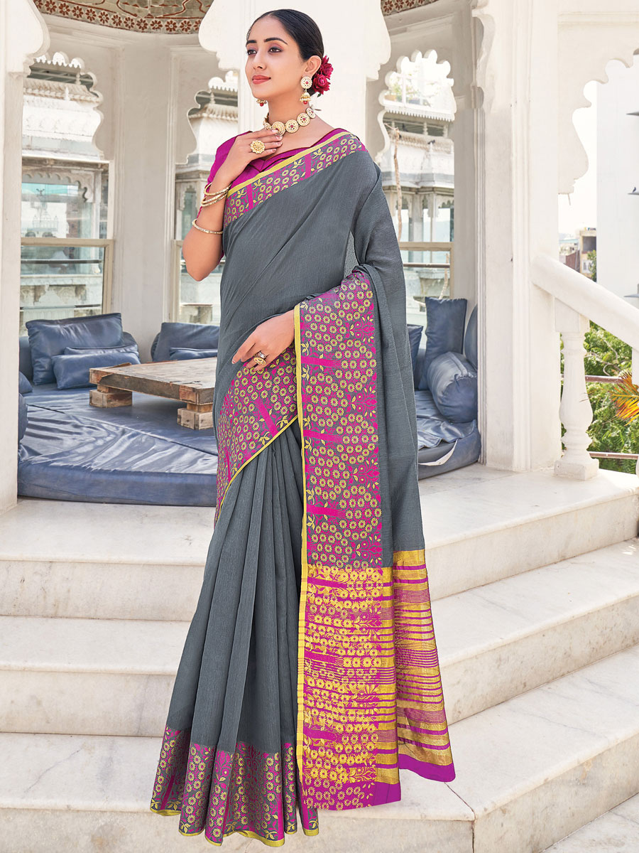 Slate Gray Silk Handwoven Festival Saree