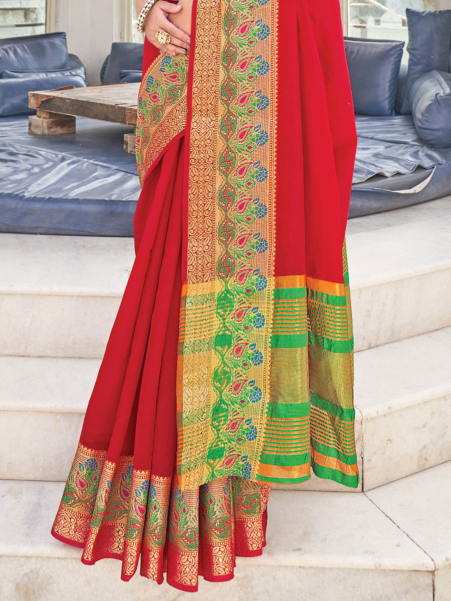 Red Silk Handwoven Festival Saree