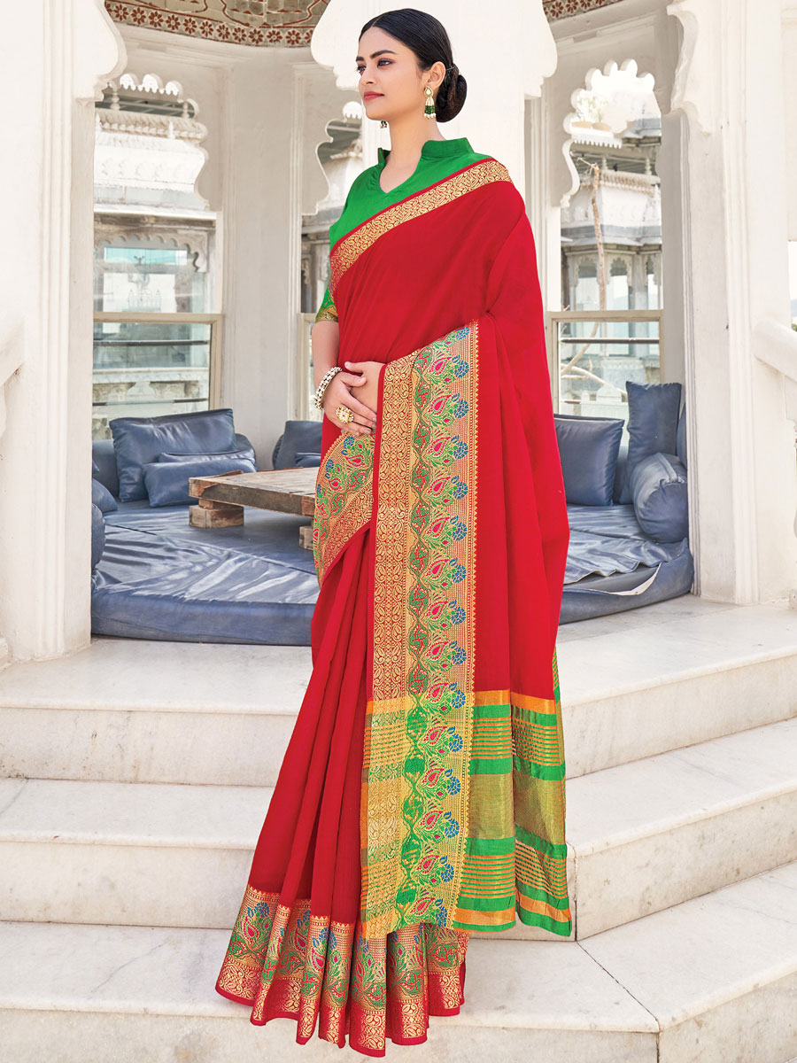 Red Silk Handwoven Festival Saree