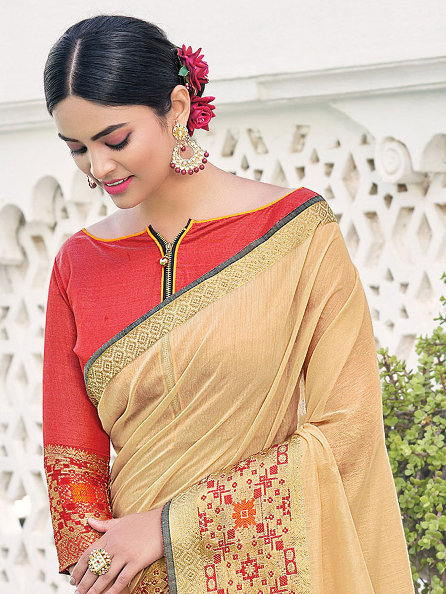 Peach Yellow Silk Handwoven Festival Saree