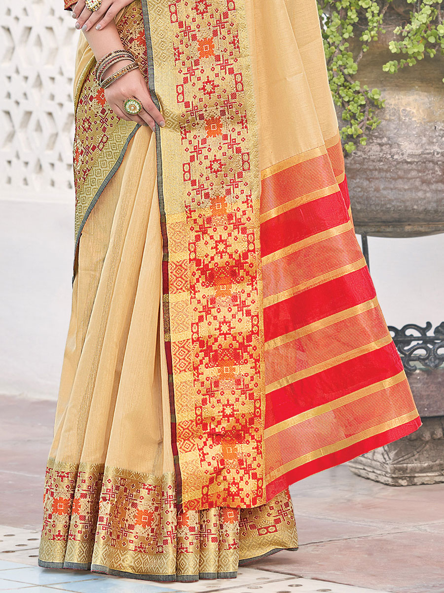 Peach Yellow Silk Handwoven Festival Saree
