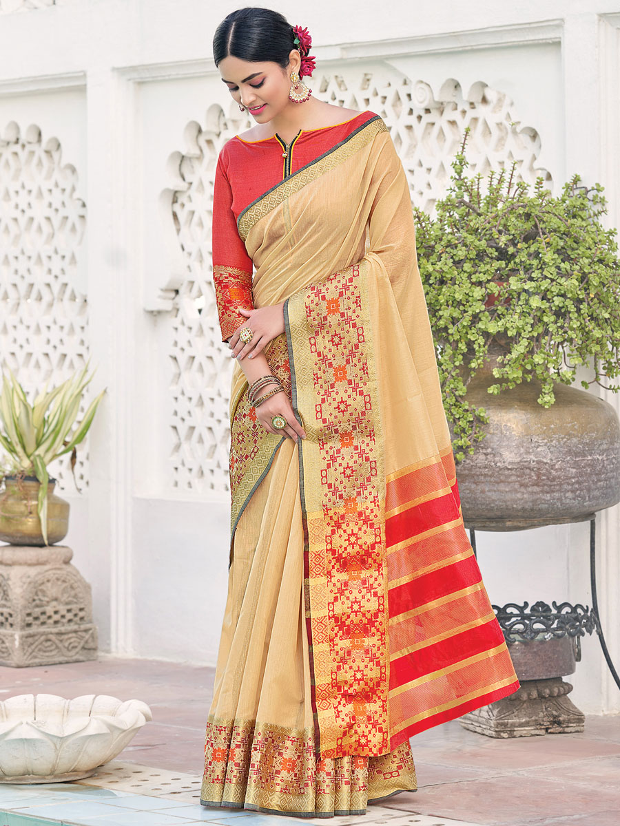 Peach Yellow Silk Handwoven Festival Saree
