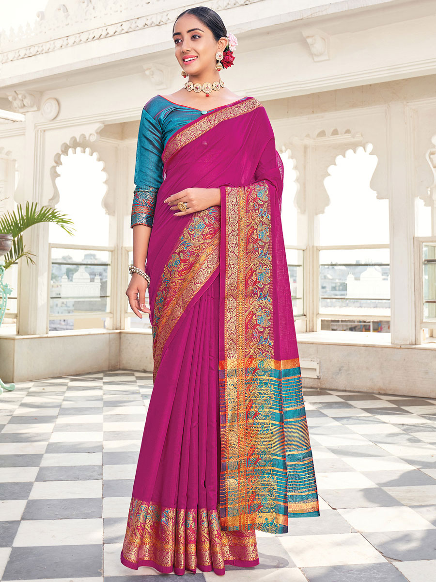 Red Violet Silk Handwoven Festival Saree