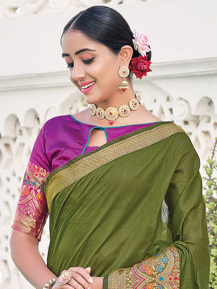Fern Green Silk Handwoven Festival Saree