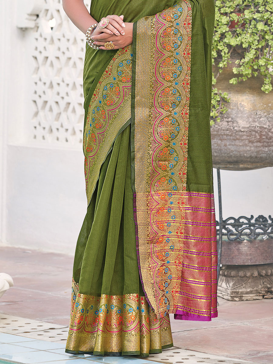 Fern Green Silk Handwoven Festival Saree