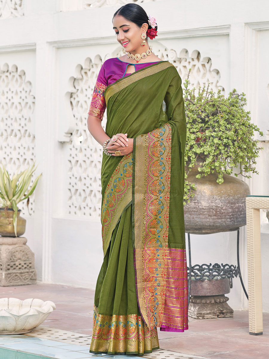 Fern Green Silk Handwoven Festival Saree