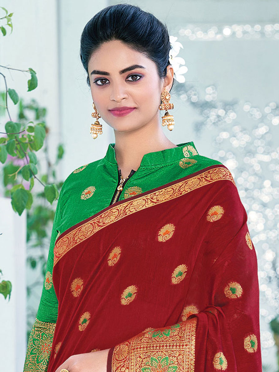 Maroon Cotton Handwoven Festival Saree
