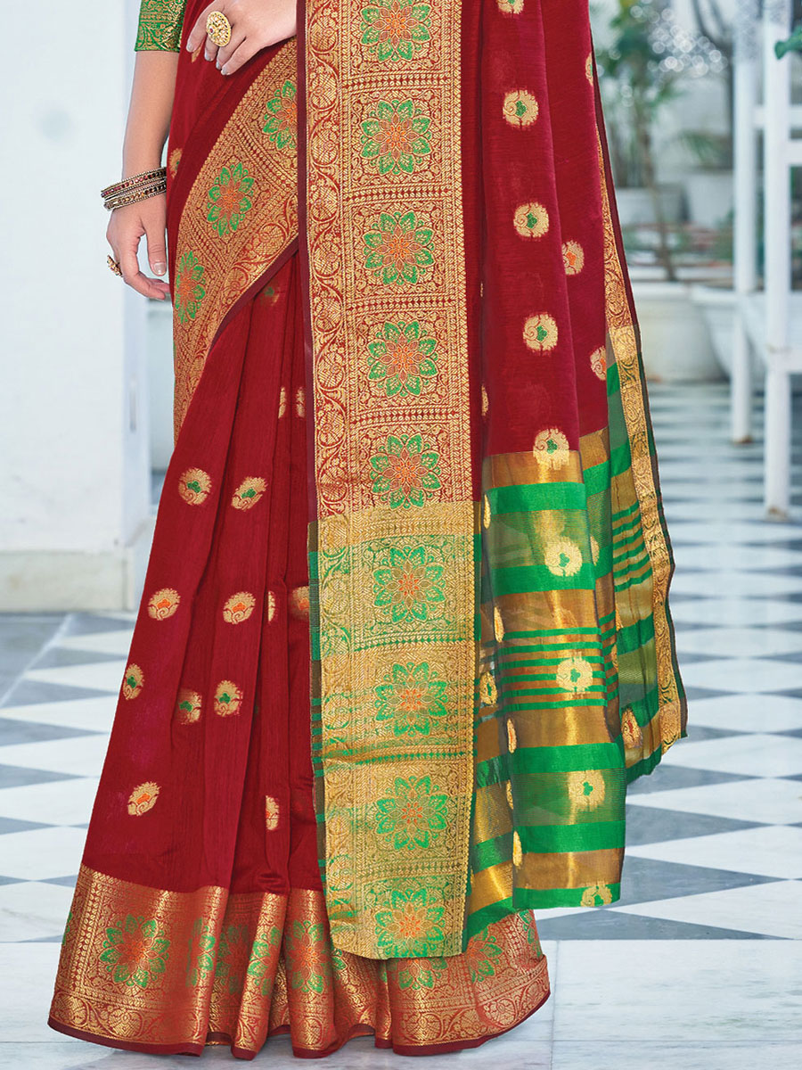 Maroon Cotton Handwoven Festival Saree