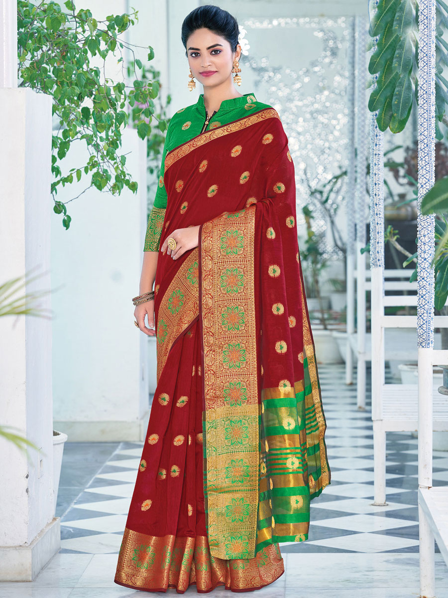 Maroon Cotton Handwoven Festival Saree