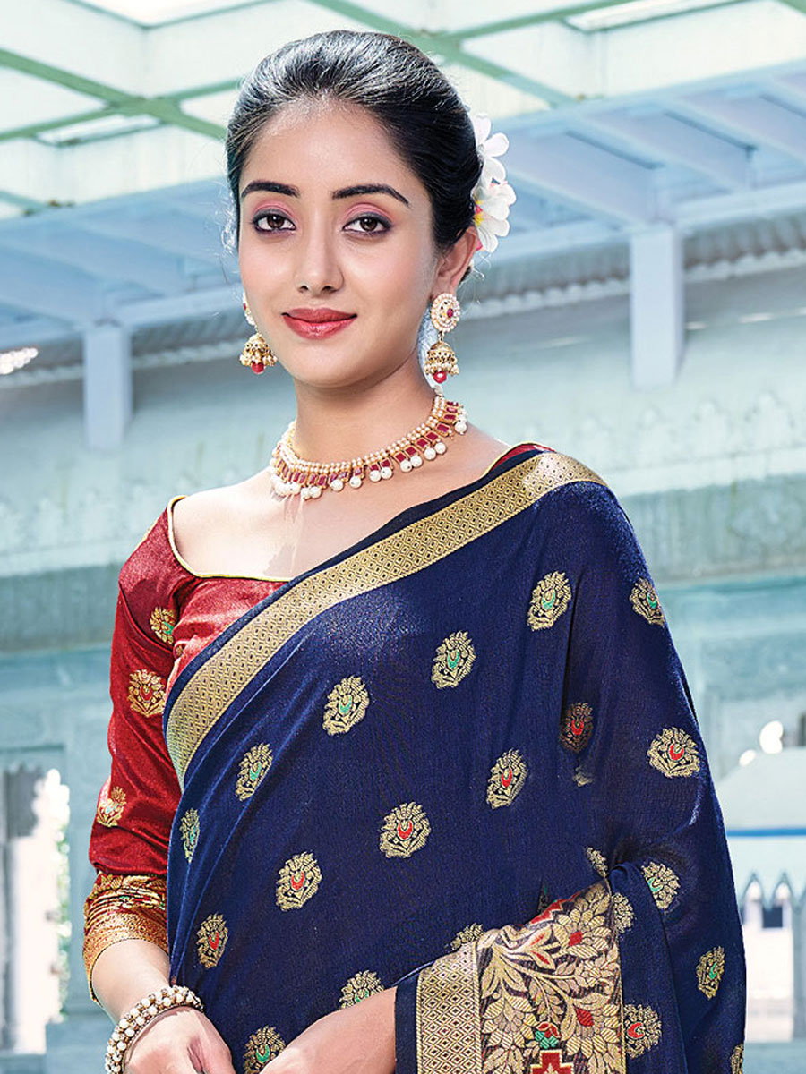 Navy Blue Cotton Handwoven Festival Saree