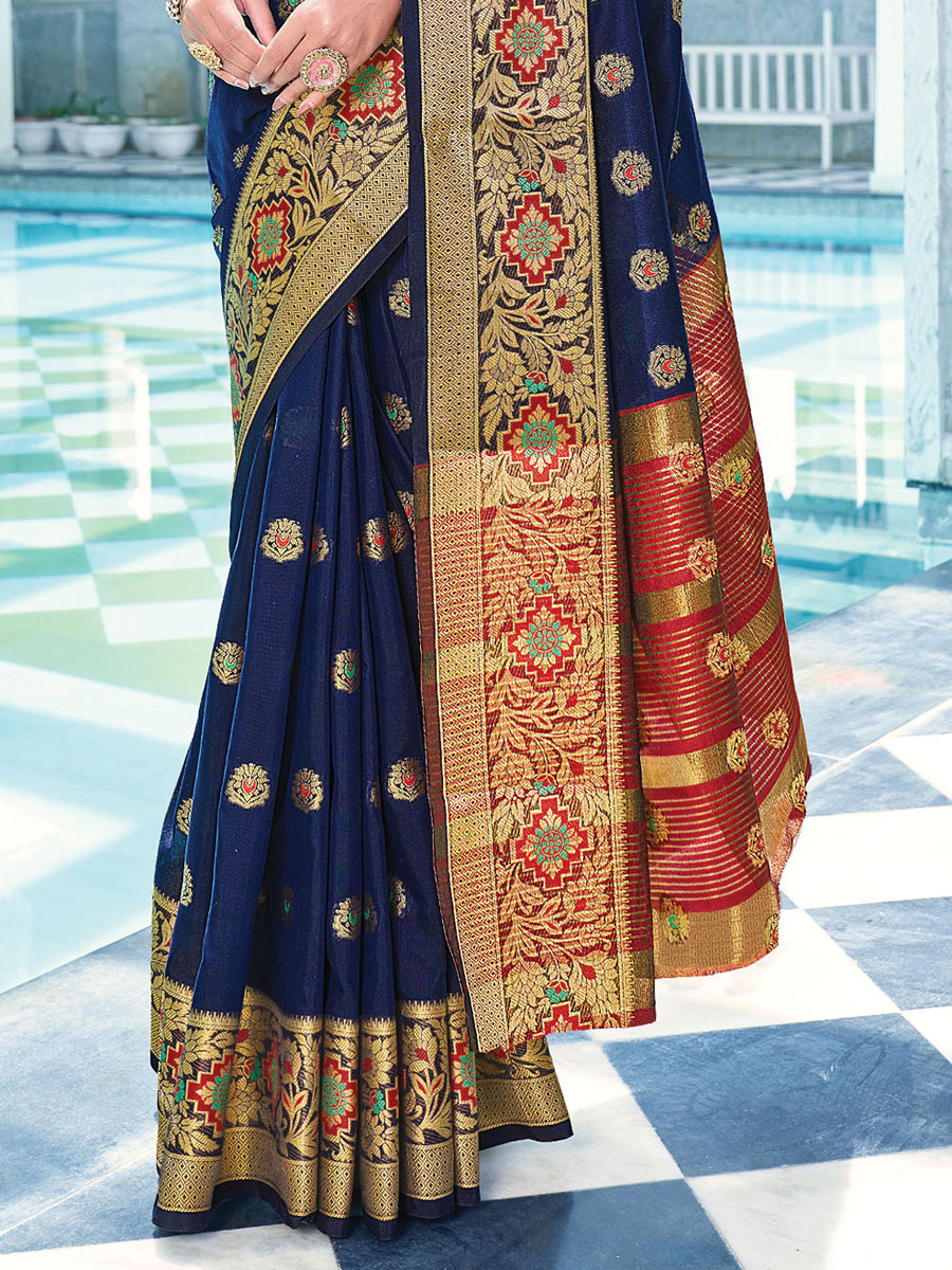Navy Blue Cotton Handwoven Festival Saree