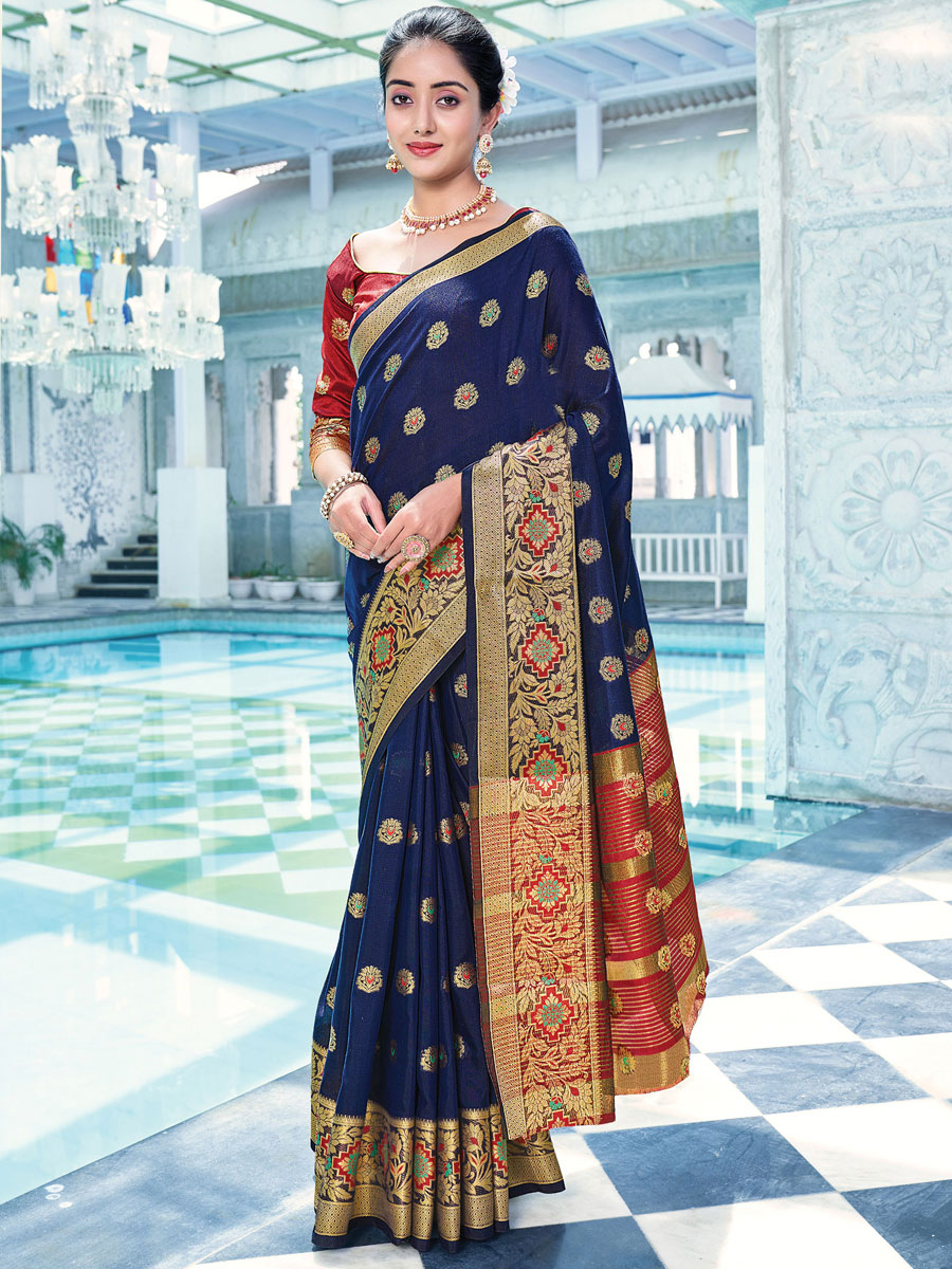 Navy Blue Cotton Handwoven Festival Saree