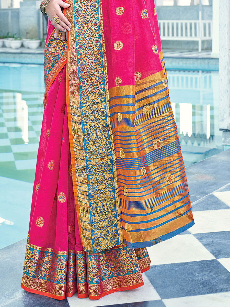 Magenta Pink Cotton Handwoven Festival Saree
