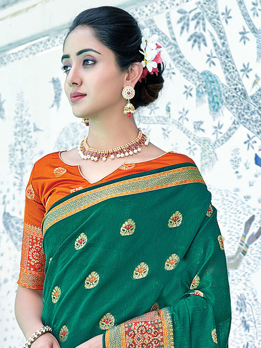 Pine Green Cotton Handwoven Festival Saree