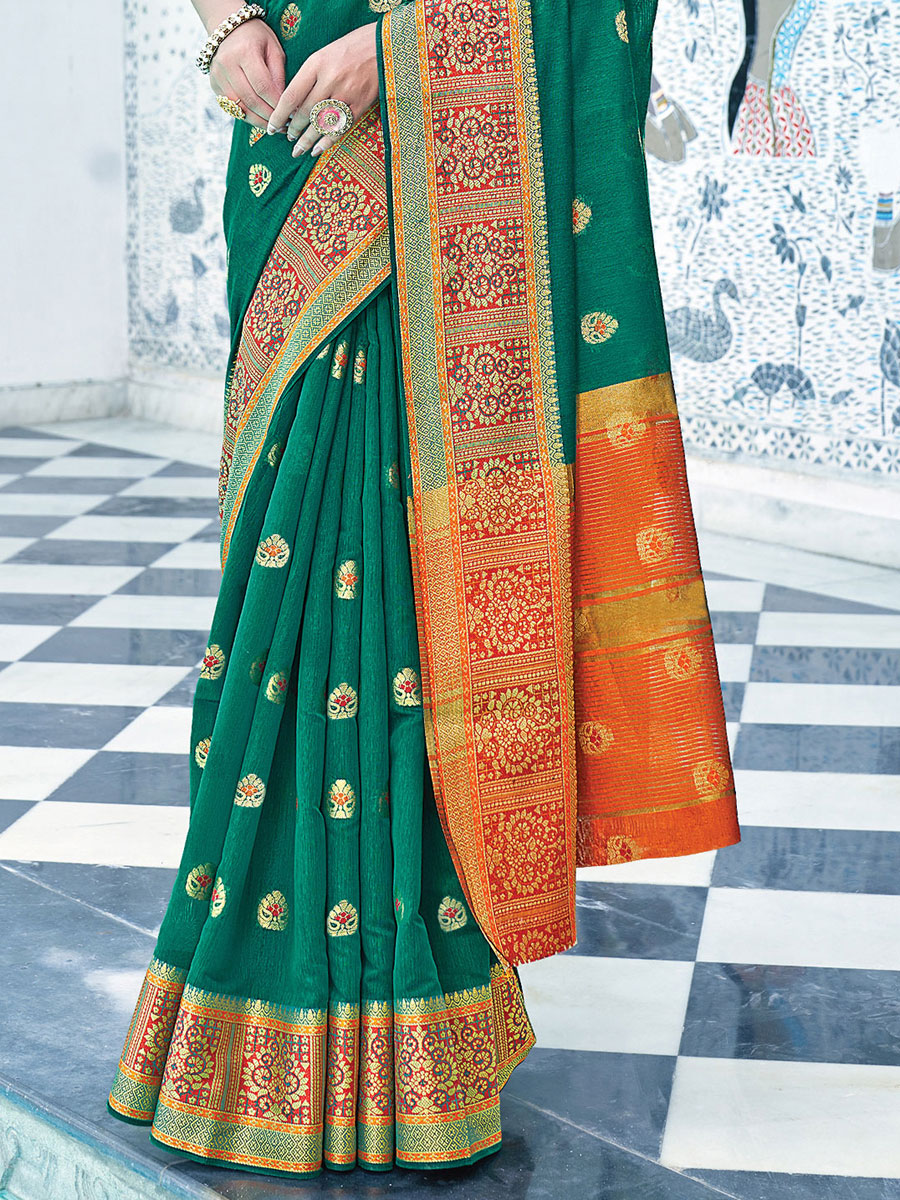 Pine Green Cotton Handwoven Festival Saree