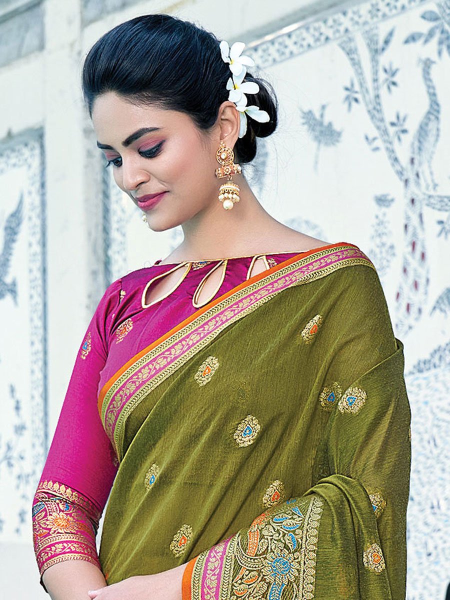 Olive Green Cotton Handwoven Festival Saree