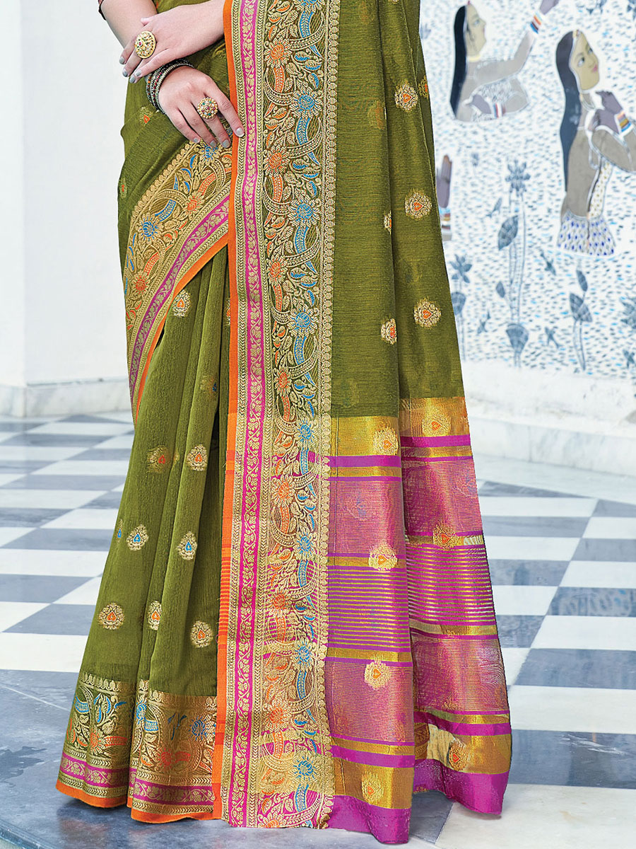 Olive Green Cotton Handwoven Festival Saree