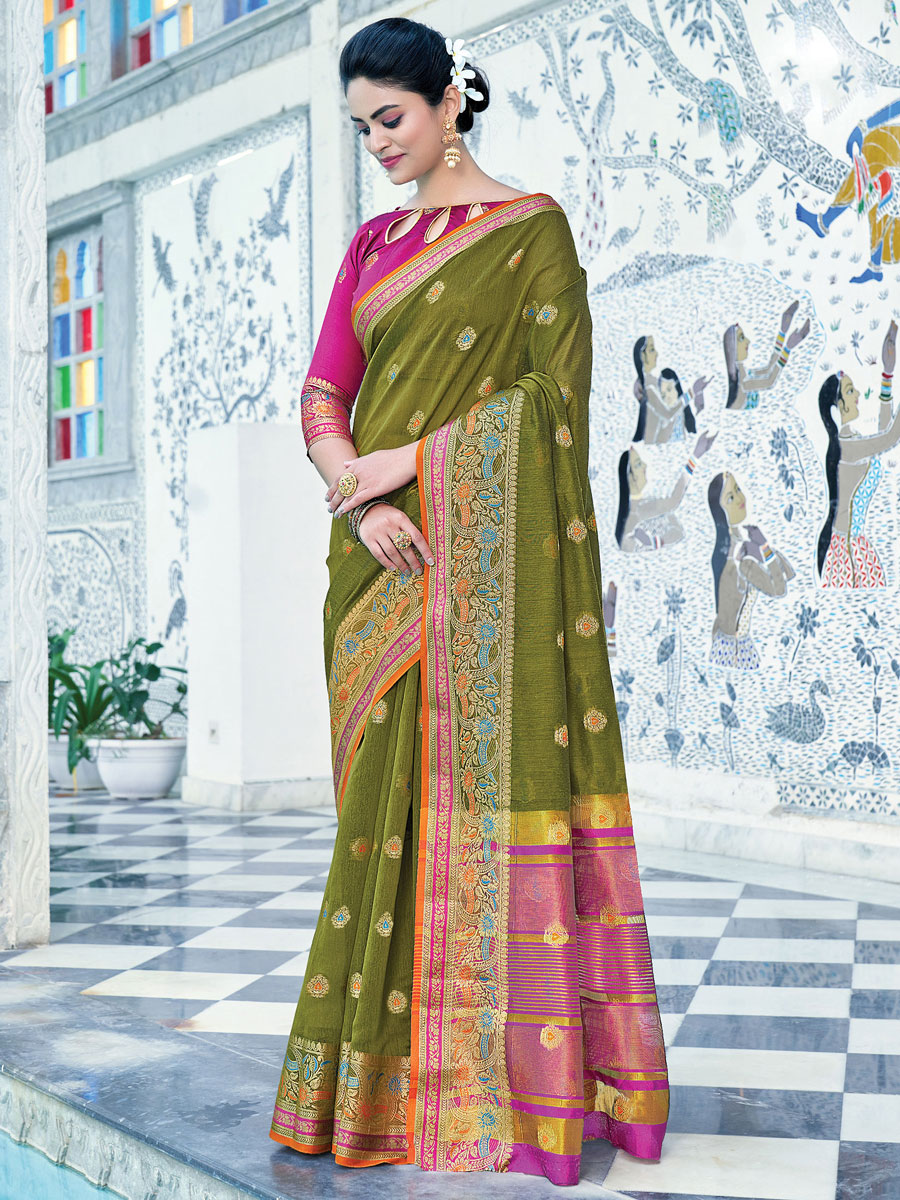 Olive Green Cotton Handwoven Festival Saree