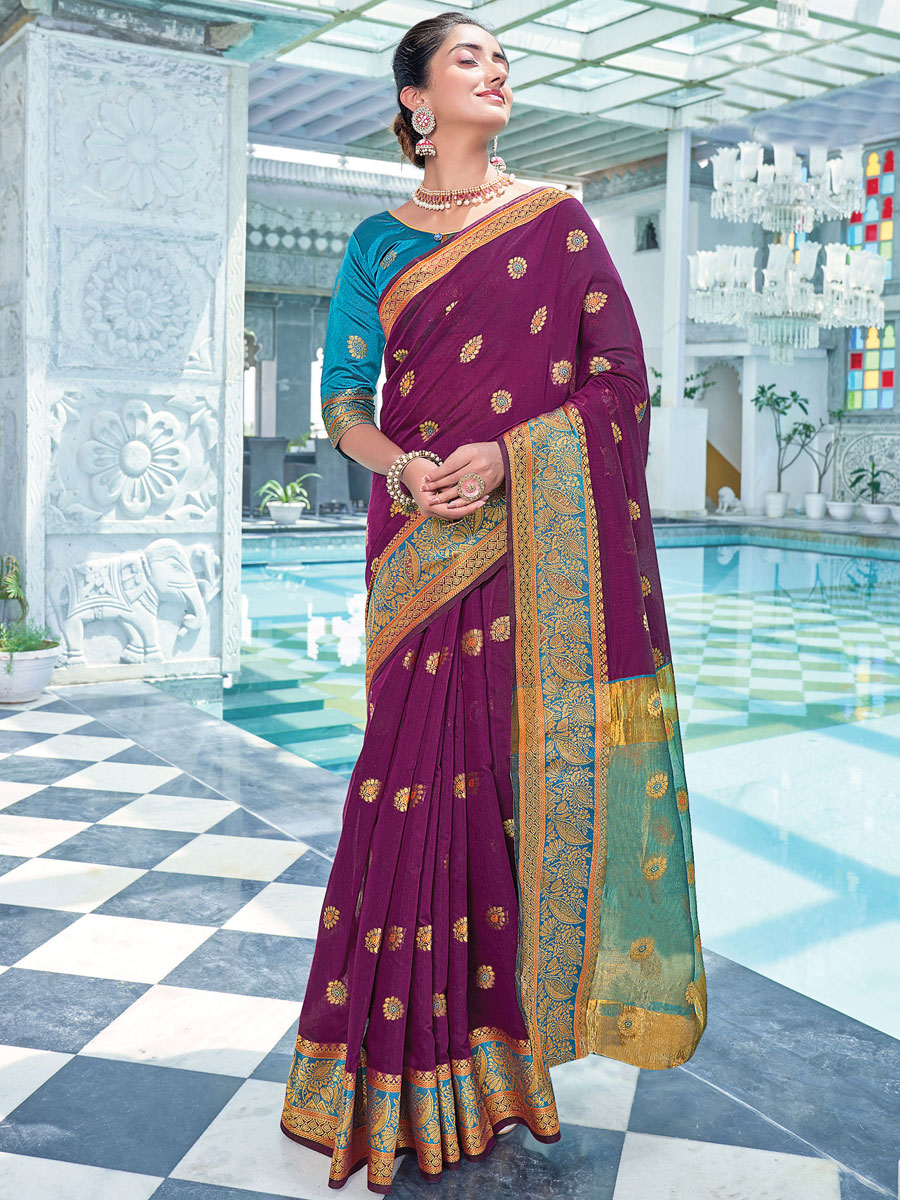 Purple Cotton Handwoven Festival Saree