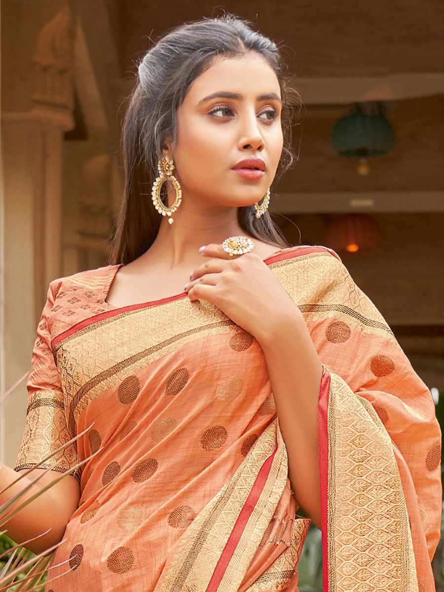 Salmon Orange Cotton Handwoven Festival Saree