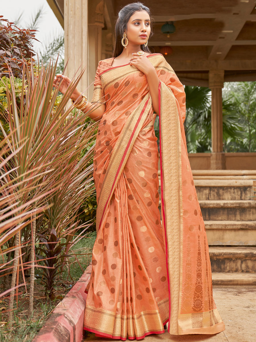 Salmon Orange Cotton Handwoven Festival Saree