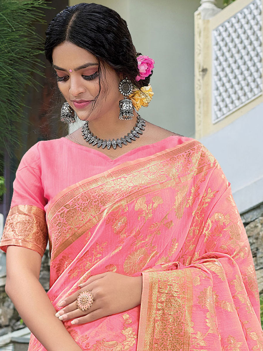 Hot Pink Linen Handwoven Festival Saree