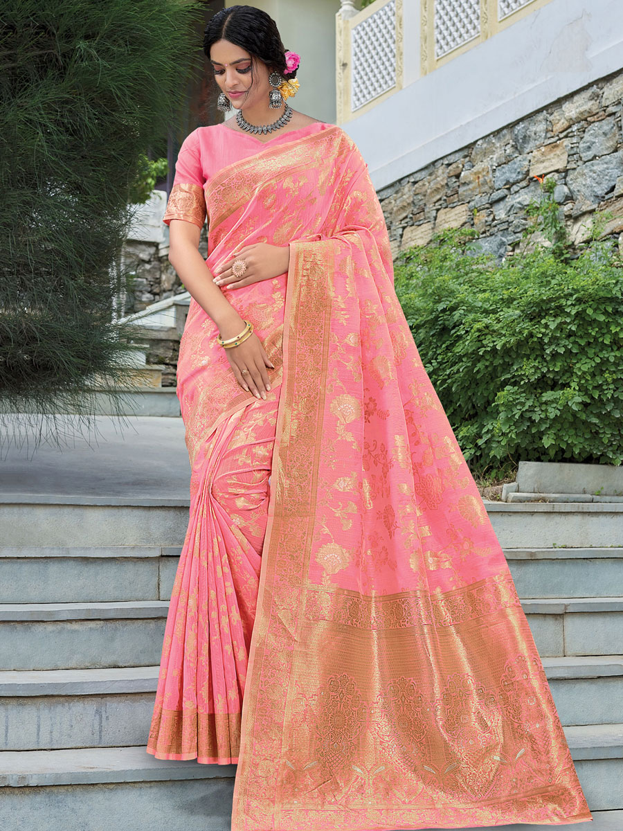 Hot Pink Linen Handwoven Festival Saree
