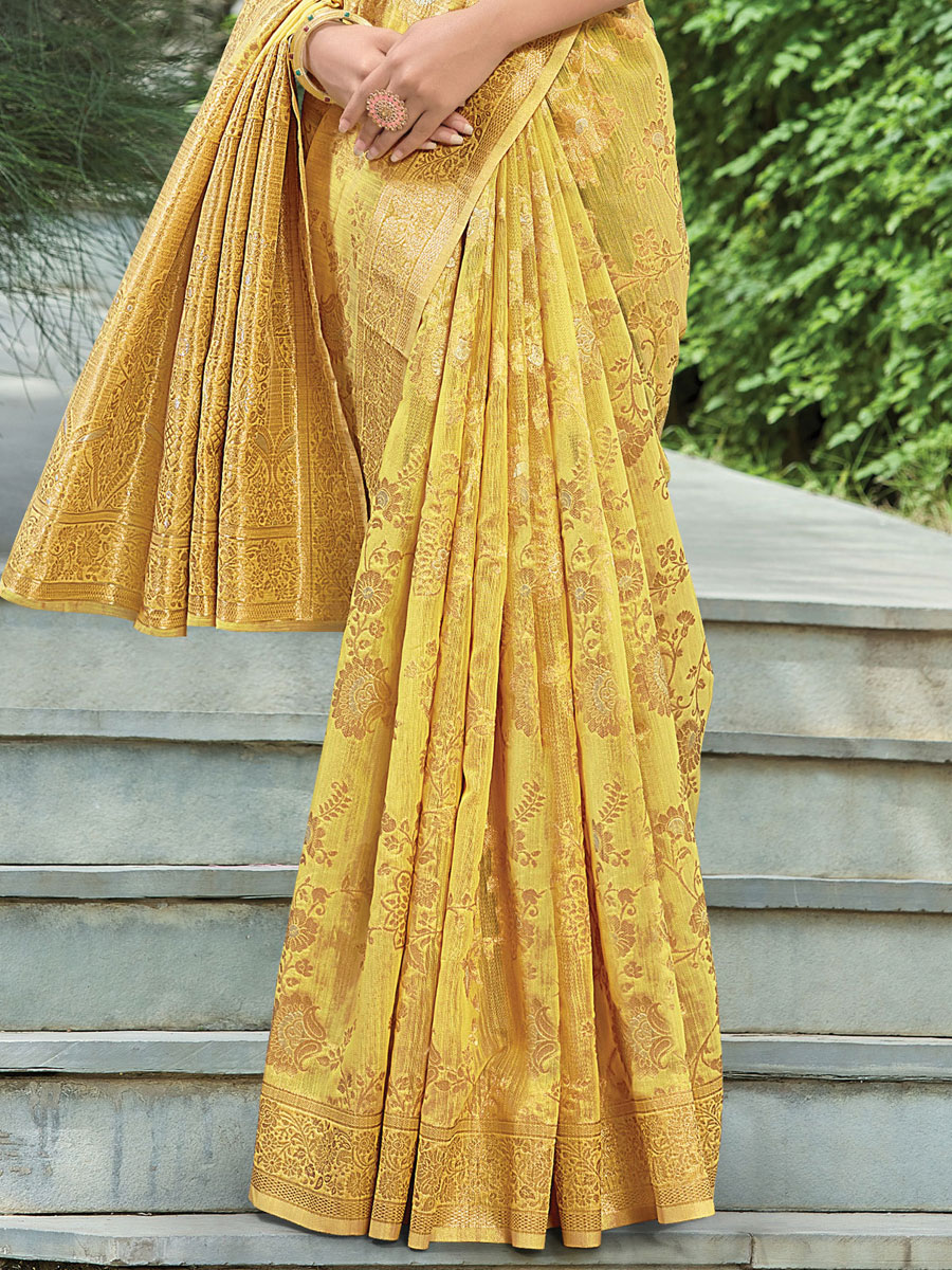Mustard Yellow Linen Handwoven Festival Saree