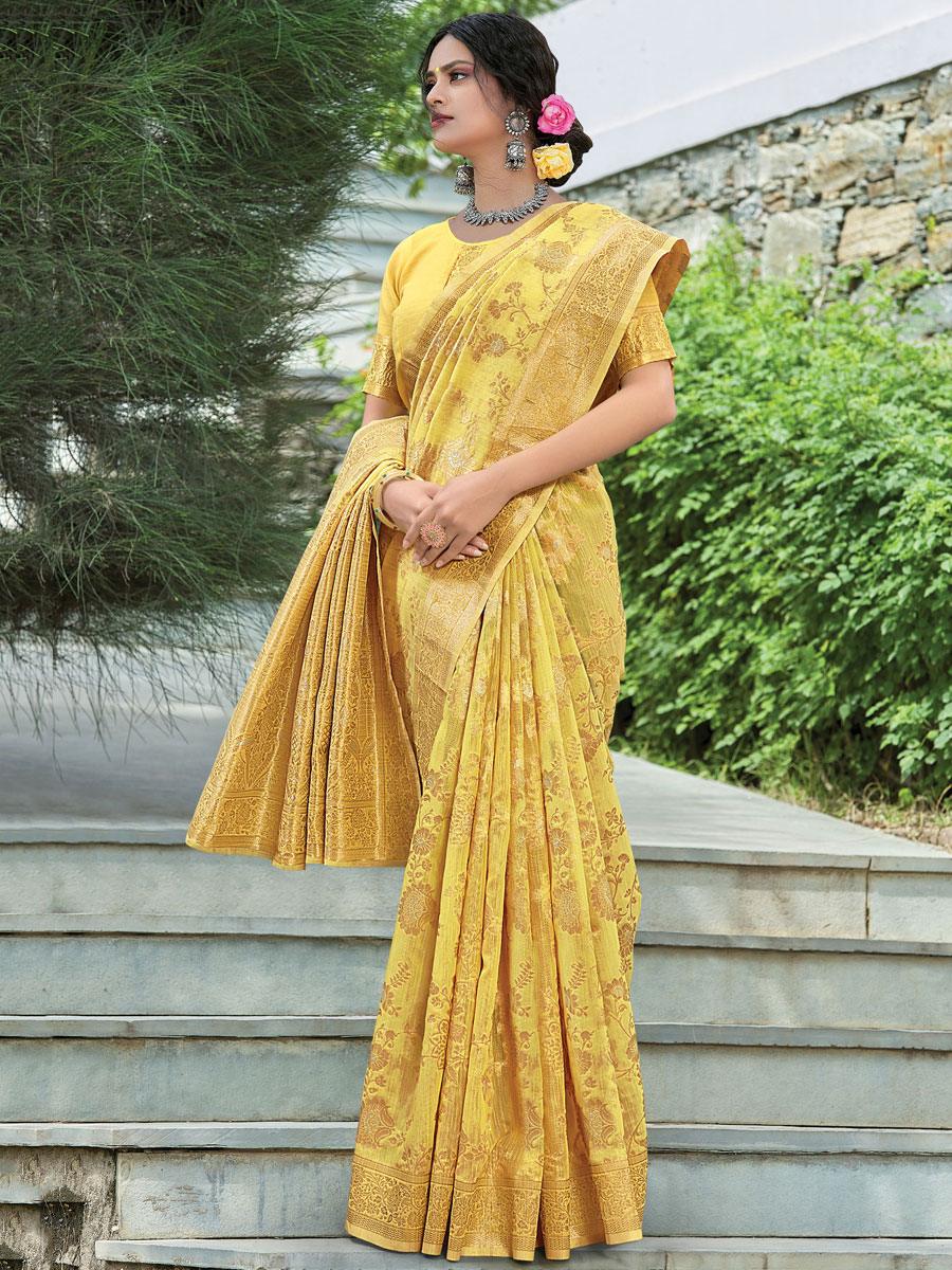 Mustard Yellow Linen Handwoven Festival Saree