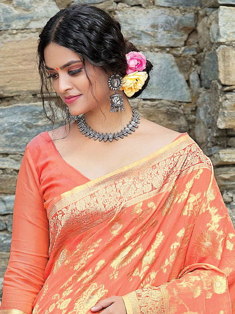 Tomato Orange Linen Handwoven Festival Saree