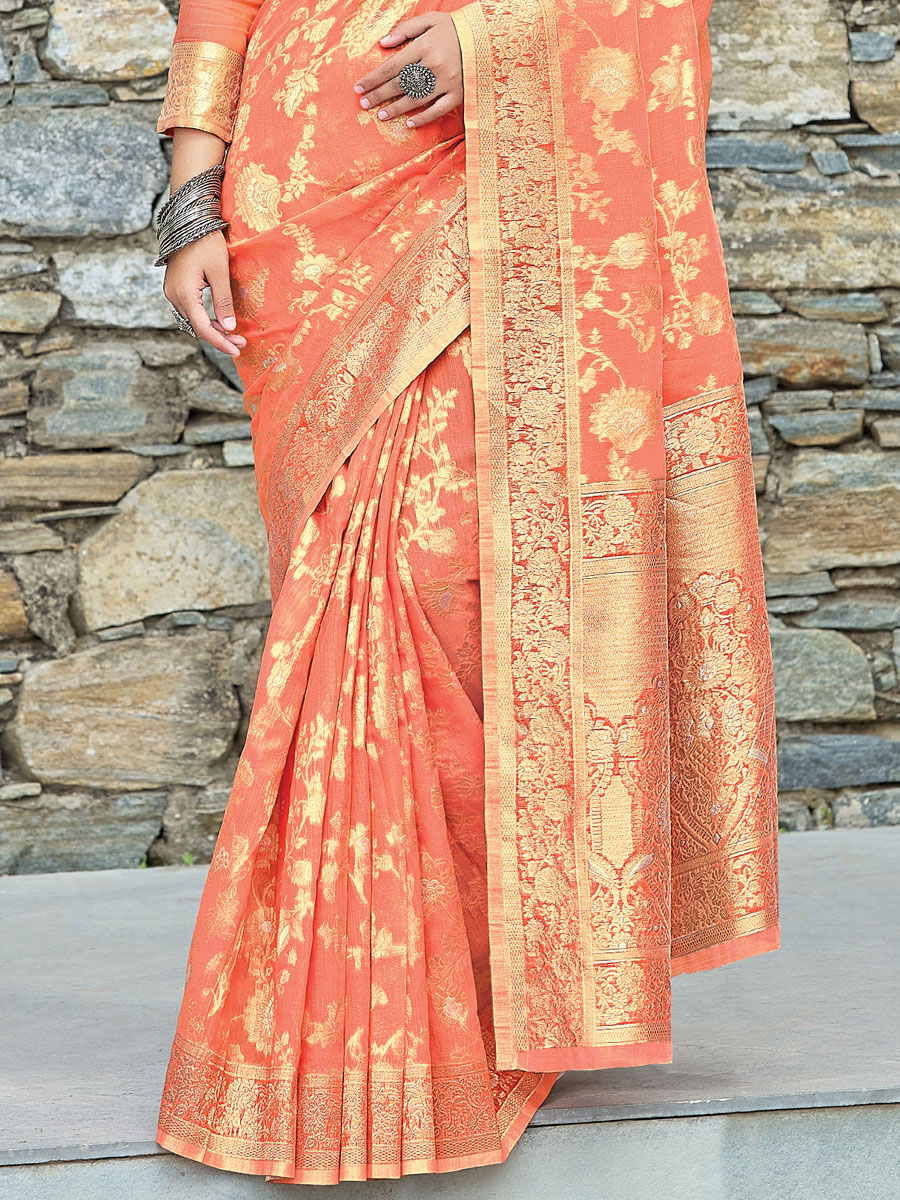 Tomato Orange Linen Handwoven Festival Saree