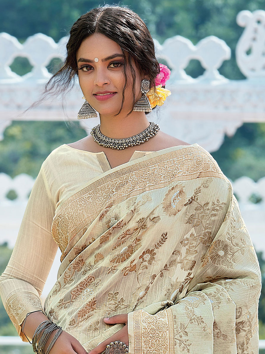 Beige Yellow Linen Handwoven Festival Saree
