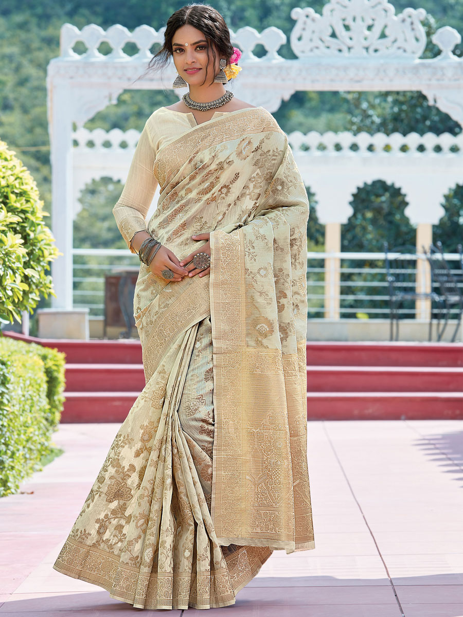 Beige Yellow Linen Handwoven Festival Saree