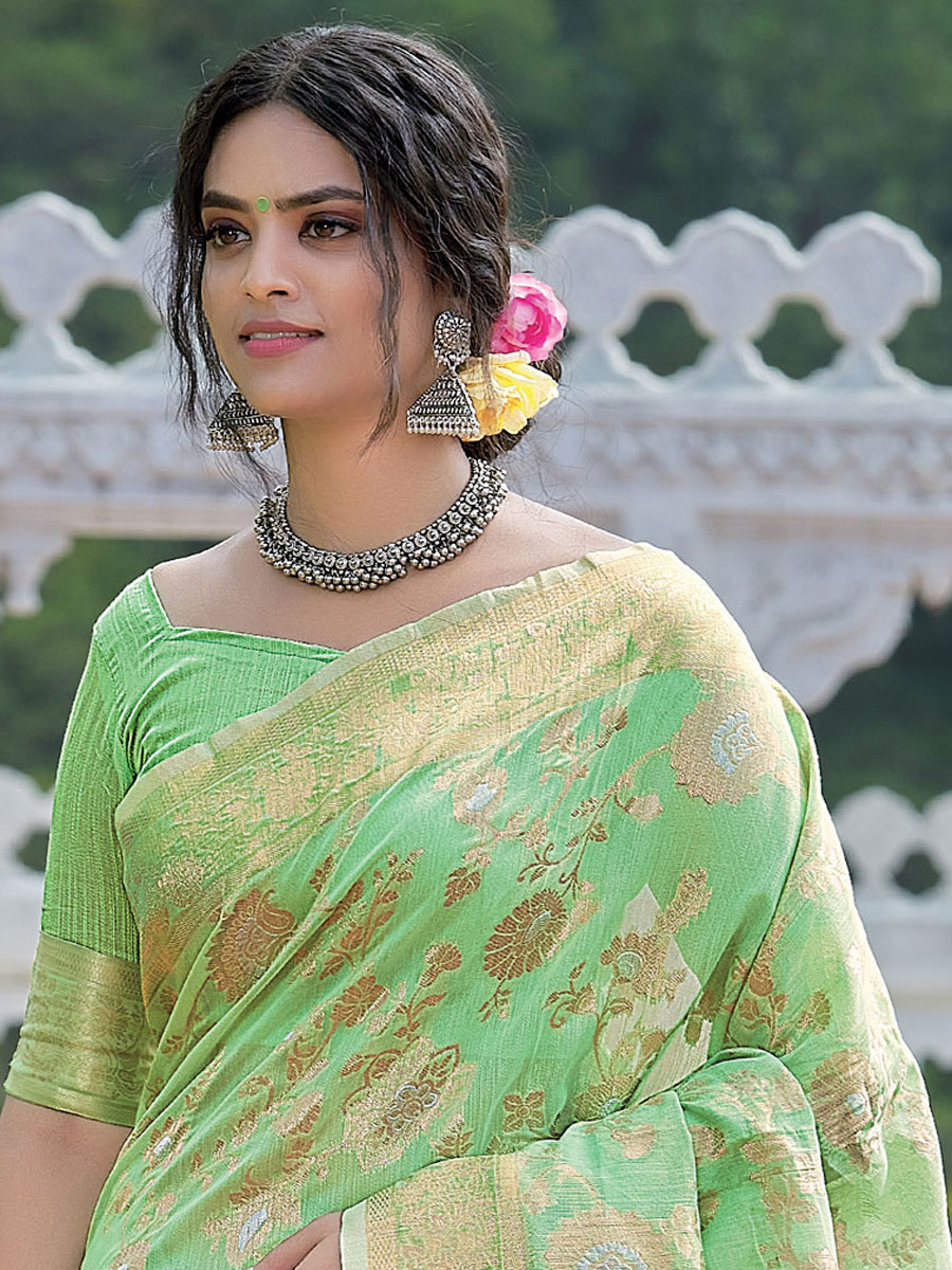 Celadon Green Linen Handwoven Festival Saree