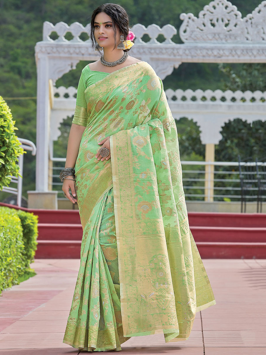 Celadon Green Linen Handwoven Festival Saree
