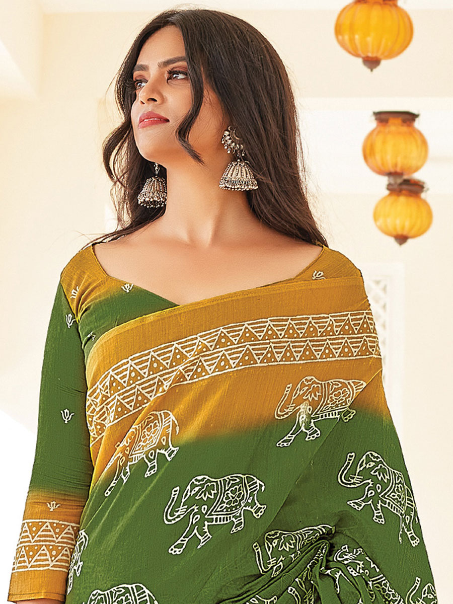 Hunter Green Cotton Printed Festival Saree