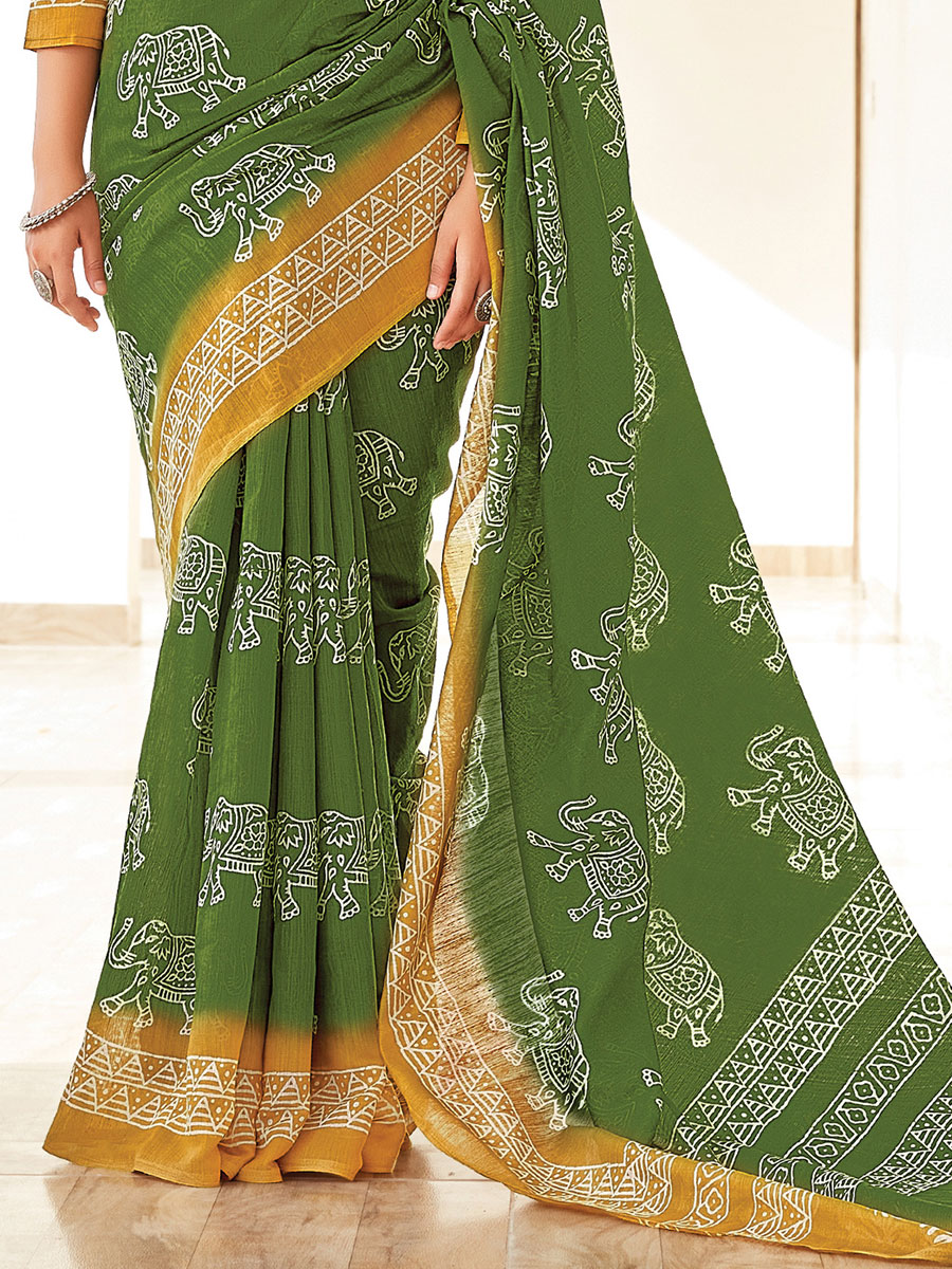 Hunter Green Cotton Printed Festival Saree