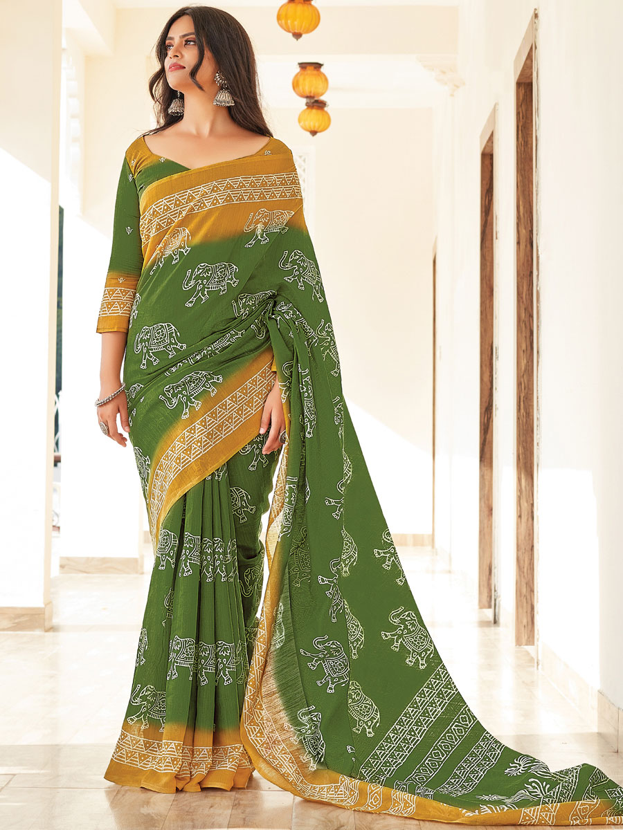 Hunter Green Cotton Printed Festival Saree