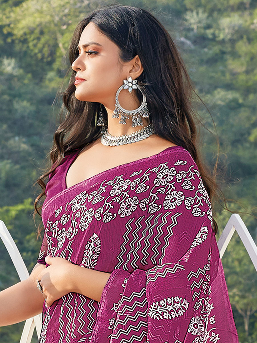 Purple Cotton Printed Festival Saree
