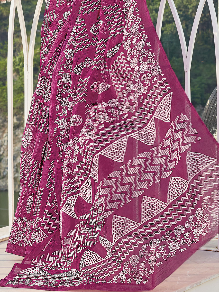Purple Cotton Printed Festival Saree