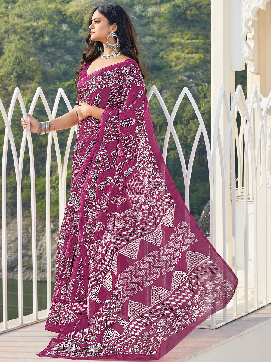Purple Cotton Printed Festival Saree