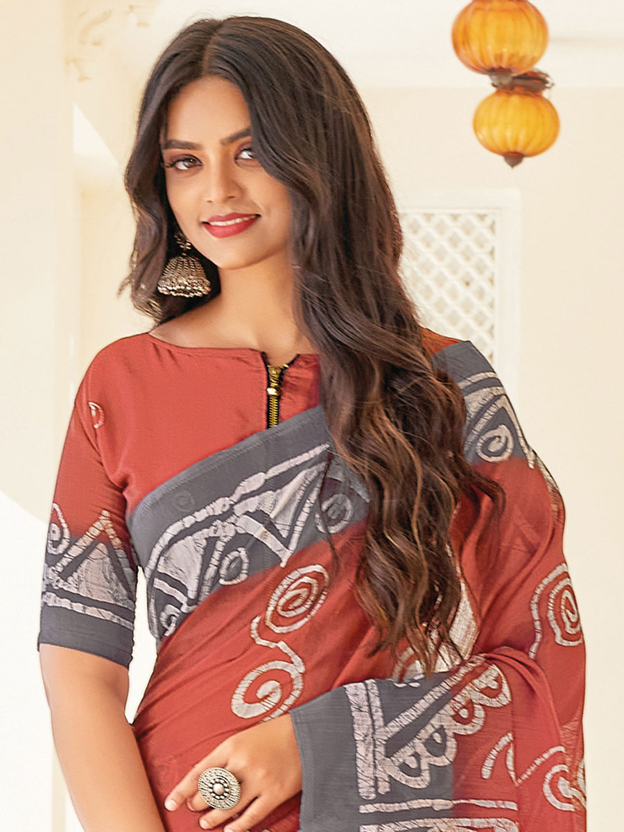 Tomato Orange Cotton Printed Festival Saree