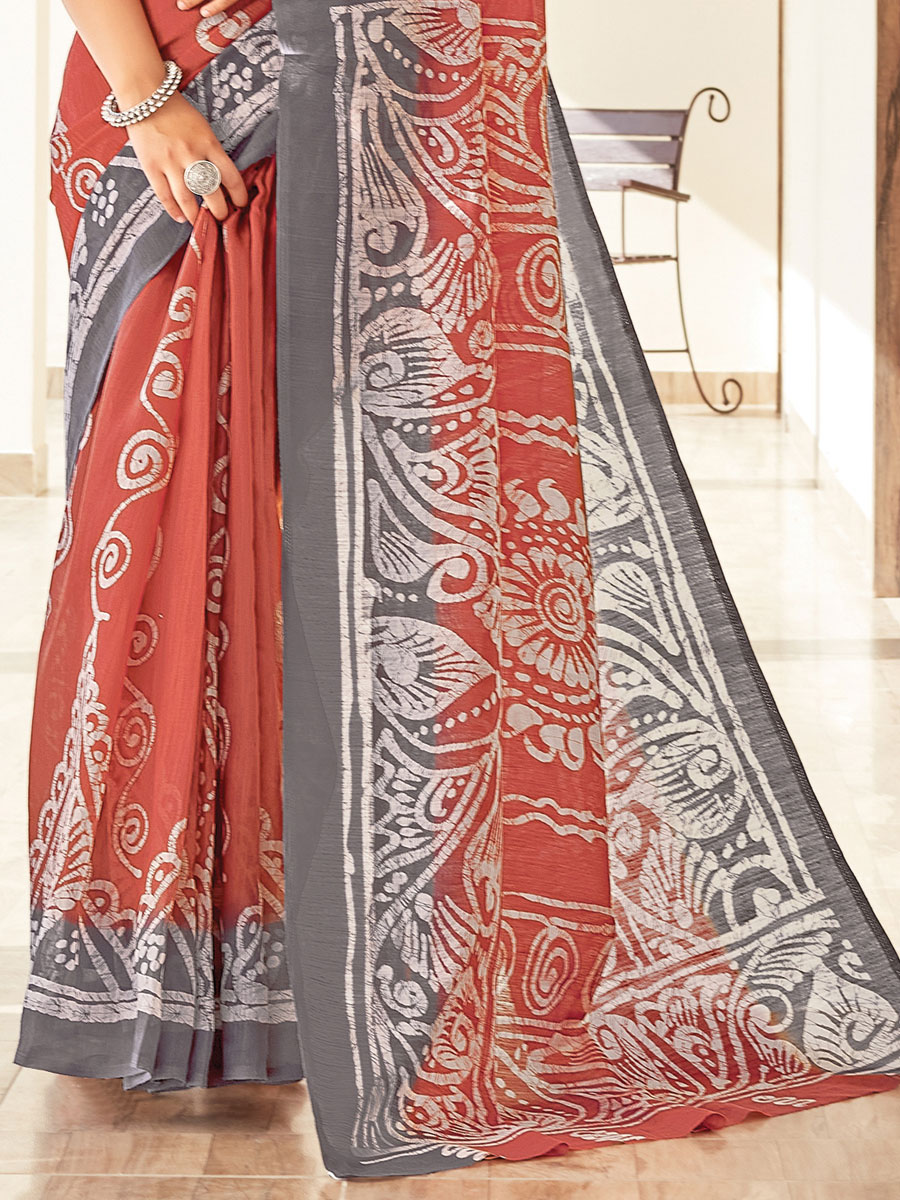 Tomato Orange Cotton Printed Festival Saree