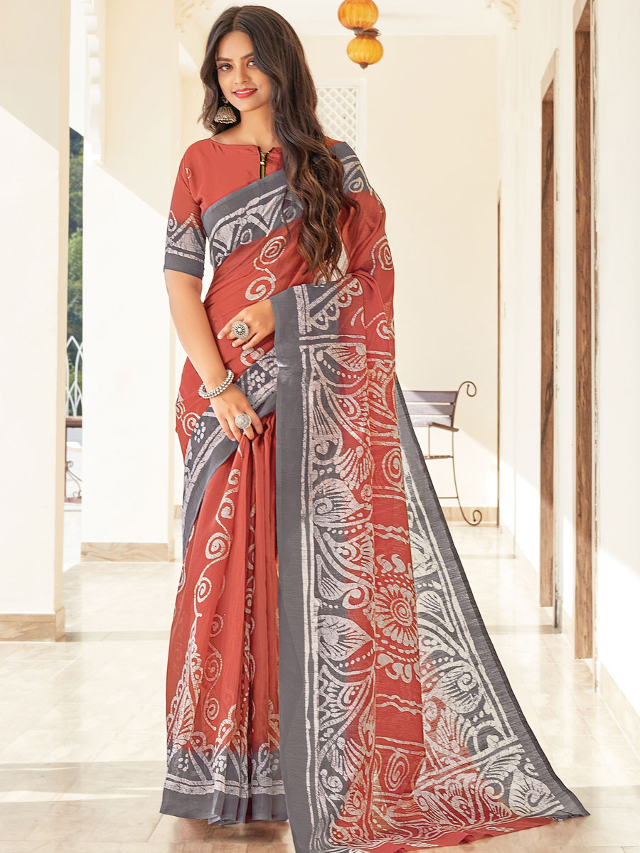 Tomato Orange Cotton Printed Festival Saree