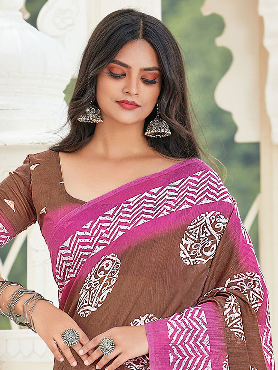 Bole Brown and Rose Pink Cotton Printed Festival Saree